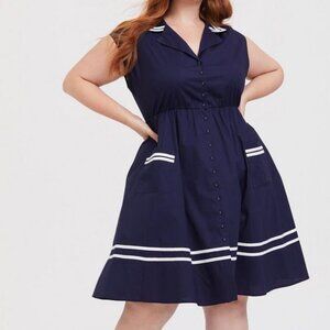 Navy Button Front Sailor Swing Dress
